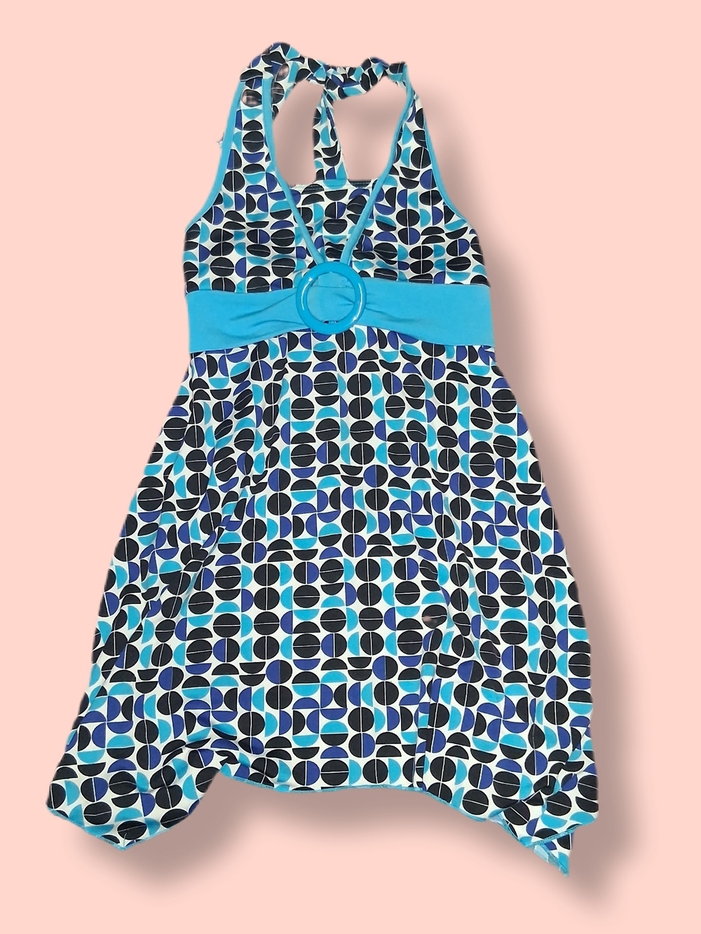 Girls Turquoise Geometric Halter Dress with Waist Ring